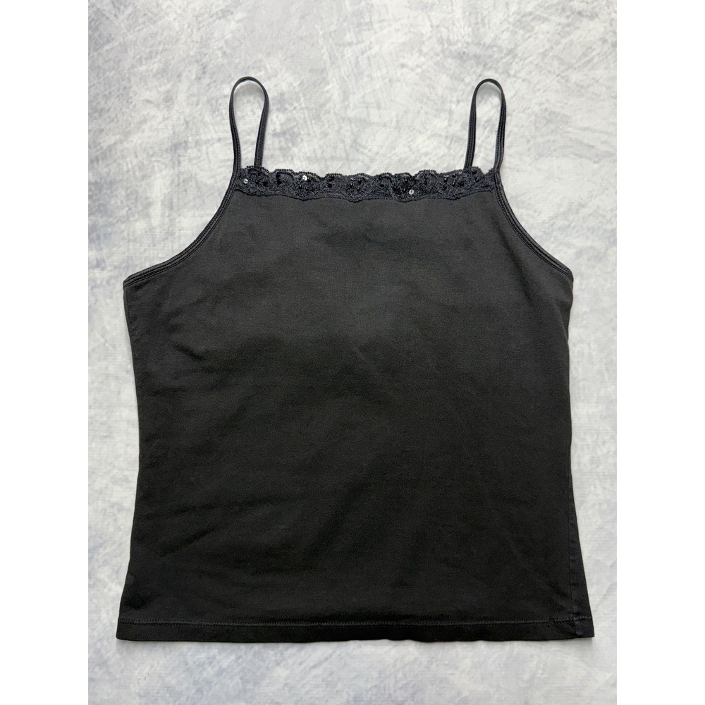y2k Black Sequin Lace Trim Camisole with Shelf Bra womens Sz M whimsigoth goth